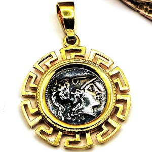 Handmade Athena Nike Silver 925 Two Tone Coin Pendant with Greek Key