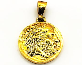 Handmade Greek God Zeus Coin Silver Gold Plated Pendant