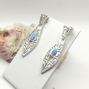 Handmade Greek Key Silver Stud Earrings For Women with Opal