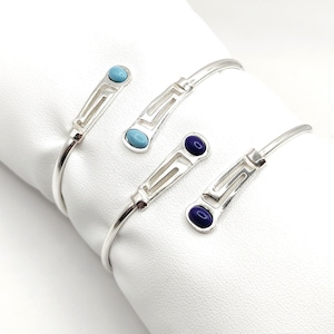 Sterling Silver 925 Greek Key Meander Bangle Bracelet with Lapis Lazuli and Turquoise