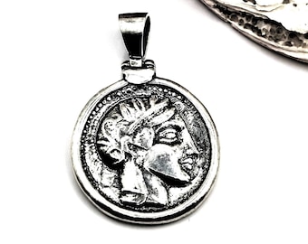 Handmade Sterling Silver 925 Ancient Greek Athena Owl Athenian Tetradrachm Coin Pendant