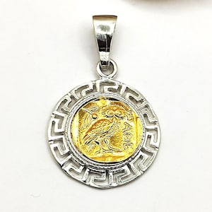Handmade Owl of Athena Silver 925 Pendant with Greek Key
