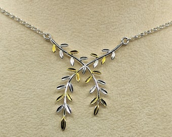 Greek Olive Leaf Silver Two Tone Charm Necklace For Women