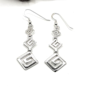 Handmade Silver 925 Greek Key Meander Dangle Earrings For Women