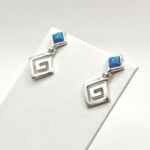 Greek Key Meander Silver Stud Blue Opal Earrings For Women