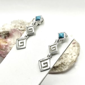 Greek Key Silver Stud Earrings with Lapis Lazuli and Turquoise Stone