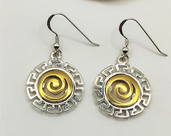 Spiral Silver Dangle Earrings with Greek key For Women