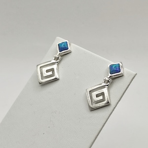 Greek Key Meander Silver Stud Blue Opal Earrings For Women