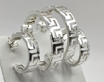 Greek Key Meander Silver Hoop Earrings For Women