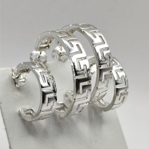 Greek Key Meander Silver Hoop Earrings For Women