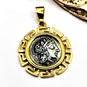 Athena Owl Athenian Tetradrachm Silver Two Tone Coin Pendant with Greek Key