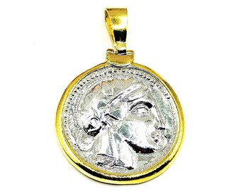 Sterling Silver 925 Athena Owl Athenian Tetradrachm Two Tone Coin Pendant