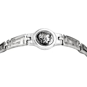 Handmade Ancient Greek Athena Coin Silver Bracelet with Greek Key