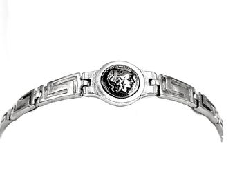 Handmade Ancient Greek Athena Coin Silver Bracelet with Greek Key