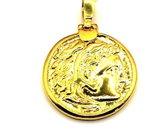 Colgante de moneda de Alejandro Magno de la antigua Grecia, plata de ley chapada en oro de 24 k