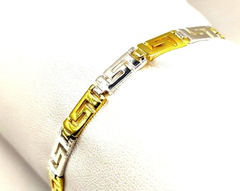 Handmade Ancient Greek Key Meander Silver Two Tone Bracelet
