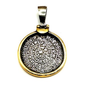 Ancient Greek Phaistos Disc Coin Silver Two Tone Pendant