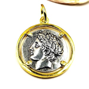 Ancient Greek God Apollo Coin Silver Two Tone Pendant
