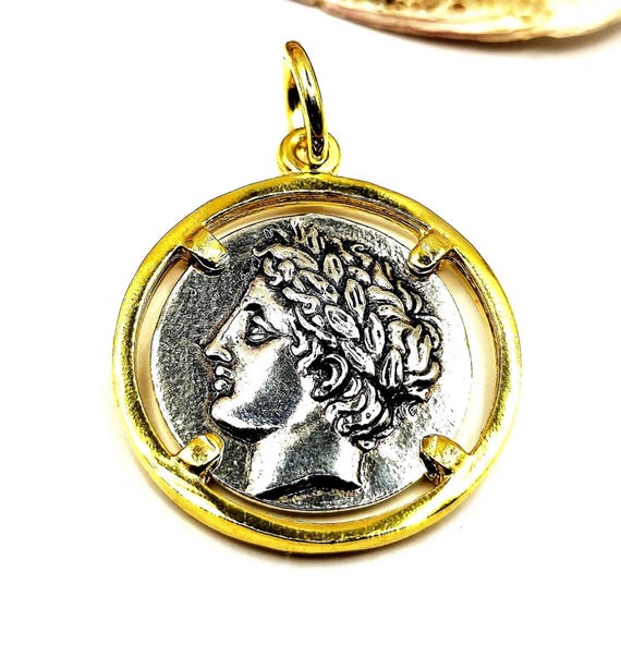 Ancient Greek God Apollo Coin Silver Two Tone Pendant