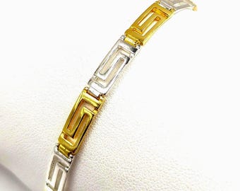 Handmade Greek Key Meander Sterling Silver 925 Two Tone Link Bracelet