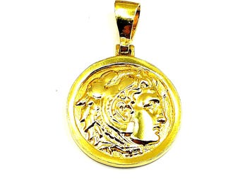 Colgante de plata 925 bañado en oro con la moneda griega antigua de Alejandro