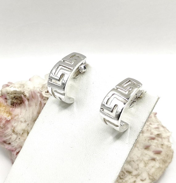 Kleine 925 Sterling Silber Creolen – Griechisches Schlüsselmuster, 13x3 Mm, Antik Vintage Look Für Damen