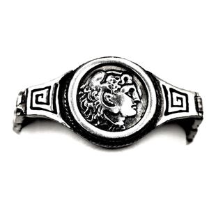 Greek Alexander the Great Coin Silver Bracelet with Greek Key Meander