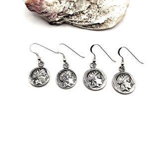 Handmade Ancient Greek Athena Owl Coin Silver 925 Dangle Earrings For Women