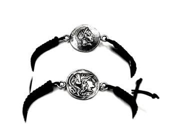 Greek Goddess Athena Coin Silver Macrame Bracelet