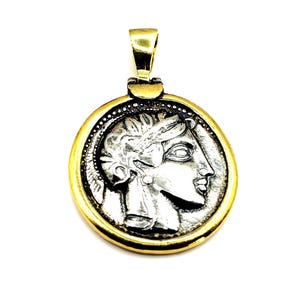 Ancient Greek Athena Owl Athenian Tetradrachm Coin Silver Two Tone Pendant