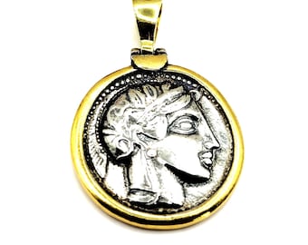 Ancient Greek Athena Owl Athenian Tetradrachm Coin Silver Two Tone Pendant