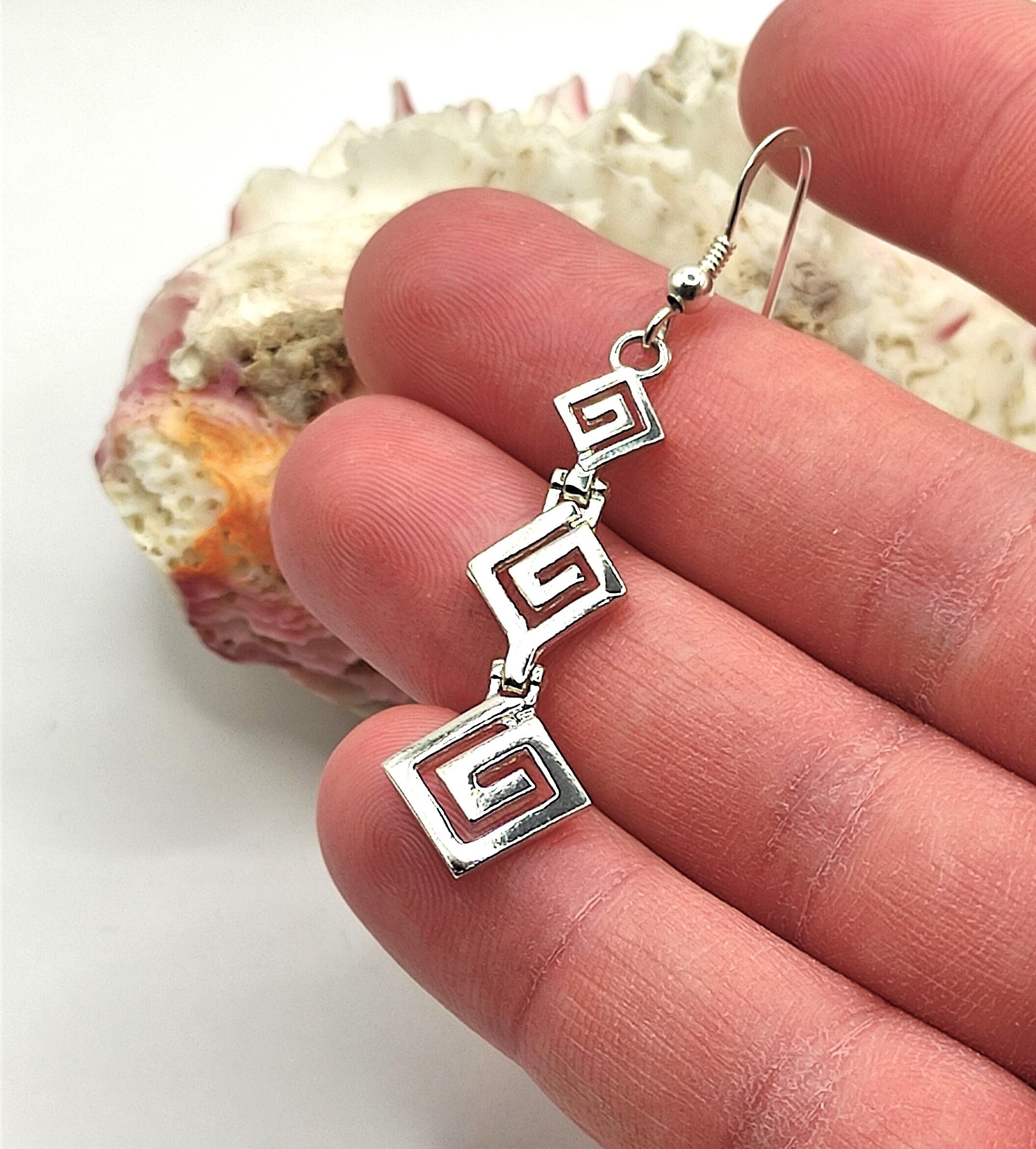 Orecchini Pendenti In Argento Sterling 925 - Design Chiave Greca/Meandro - Fatto A Mano In Thailandia