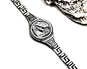 Handmade Ancient Greek Athena Owl Coin Silver 925 Link Bracelet with Greek Key