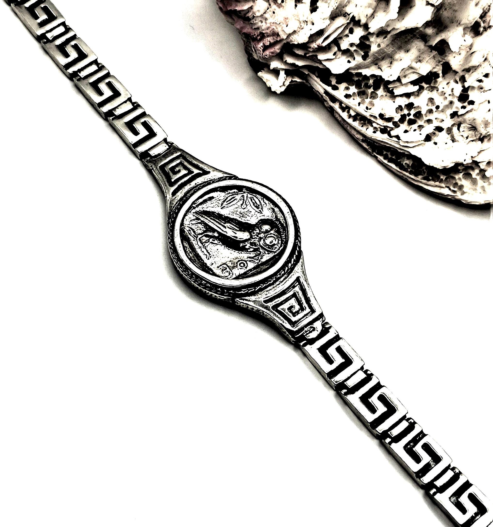 Handmade Ancient Greek Athena Owl Coin Silver 925 Link Bracelet with Greek Key