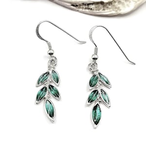 Olive Leaf Silver Dangle Earrings with Enamel For Women