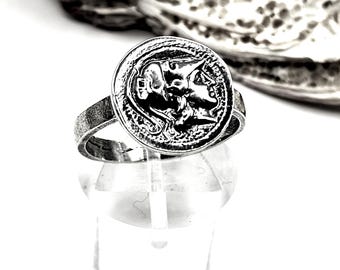 Handmade Sterling Silver 925 Ancient Greek Athena Coin Ring For Women