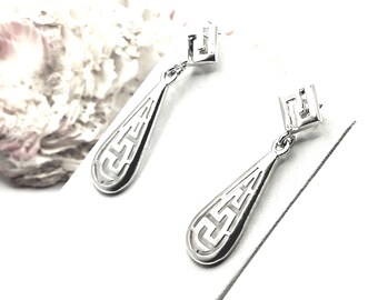 Greek Key Meander Sterling Silver 925 Stud Earrings For Women