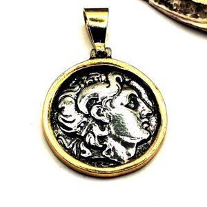 Ancient Greek Alexander The Great Coin Silver 925 Two Tone Pendant