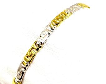Greek Key Meander Sterling Silver 925 Link Two Tone Bracelet