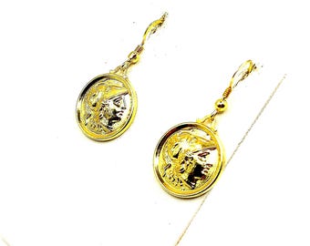 Handmade Ancient Greek Athena Owl Coin Silver Gold Plated Dangle Earrings For Women