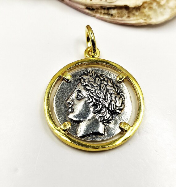 Ancient Greek God Apollo Coin Silver Two Tone Pendant Etsy