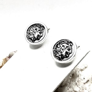 Ancient Greek Alexander the Great Coin Silver Stud Earrings For Women
