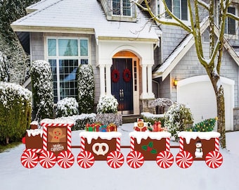 Christmas Train Yard Sign Cutouts, Christmas Theme Decorations Gingerbread Xmas Tree Props, Christmas Train Yard Signs With Metal Stakes