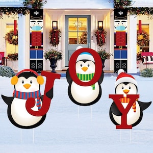 Joy Penguin Yard Sign Cutouts - Merry Christmas Yard Décor for Christmas Holiday Winter Decorations Outdoor with Metal Stakes
