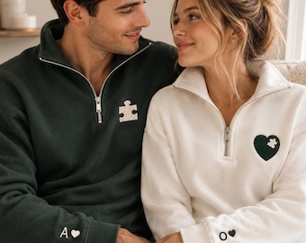 Sudadera personalizada para parejas con cremallera hasta el cuello, camisetas a juego con estampado de corazón y iniciales personalizadas, ideal para aniversarios o como regalo para parejas.
