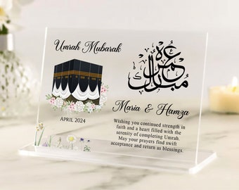 Personalized Umrah & Hajj Mubarak Acrylic Plaque, Islamic Gift for Eid, Ramadan, Special Occasions, Gift for Couples Family Acrylic Keepsake