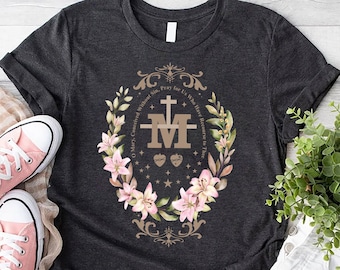 Marian Catholic T-Shirt, Marian Cross Shirt For Women, Floral Religious Shirt, Unisex Virgin Mary Shirt, Marian Shirt, Catholic Friend Gift