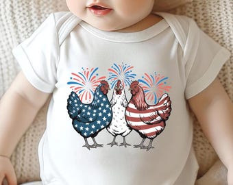 Patriotic Chicken Baby Bodysuit, Baby Shirt, Toddler Sweatshirt - American Flag Fourth of July Outfit, Wild and Free USA Baby Gift