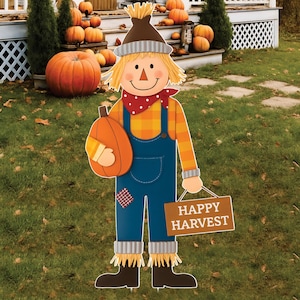 Scarecrow Fall Yard Sign, Happy Harvest Thanksgiving Outdoor Decoration, Pumpkin Garden Stake, Autumn Porch Lawn Decor with Cute Scarecrow