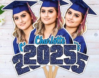 Custom Face Fans With Wooden Handle, Graduation Head, Grad Face Fans, Class of 2025 Head Fans, Graduation Faces on a Stick
